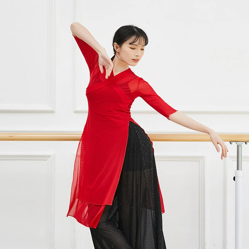Modern Dance Top Women Side Split Bilayer Front Gauze Sheer Middle Shirt Blouse See Through Body Rhyme Folk Hanfu Practice Tops