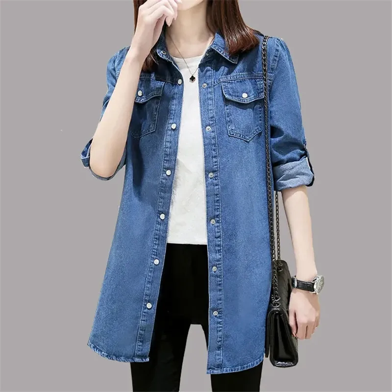 

[Wearable In Four Seasons] Denim Shirt Women Long-Sleeved Loose Cowboy Jacket Bottoming Blouse Female Shirt Coat Tops