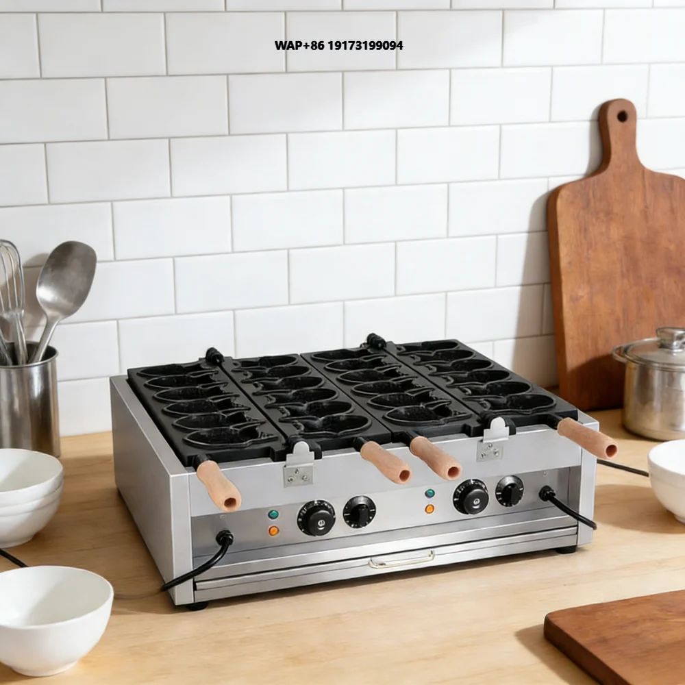 Máquina Eléctrica para Taiyaki de Doble Hilera, 12 Moldes, 6kW, Acero Inoxidable, 50-300 ° C, para Comida Callejera y Tienda de Postres