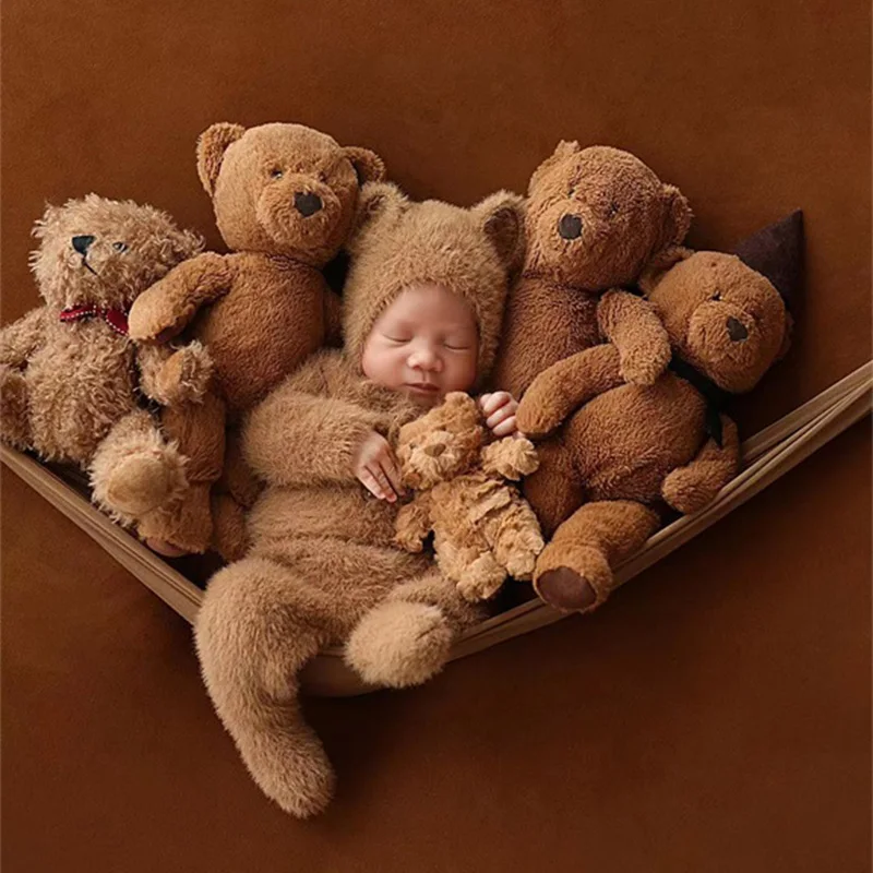 8 Pcs Bear Doll Newborn Outfits Photography Lovely Knitted Jumpsuits Hat With Ears Cute Teddy Bear Toy Studios Photography Props