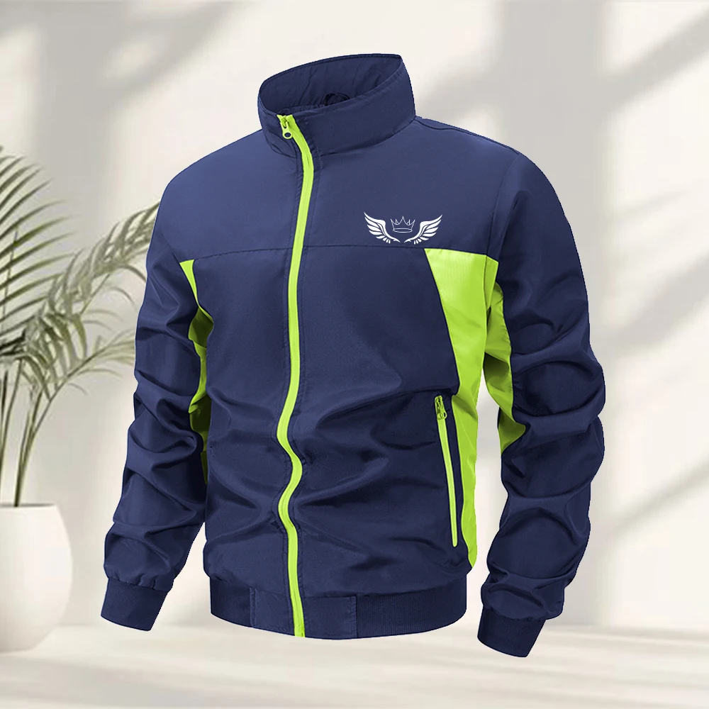 Men's Stand Up Collar Jacket Trendy Wing Print Outdoor Casual Fitness Windproof Jacket Running And Cycling Zippered Pocket Top