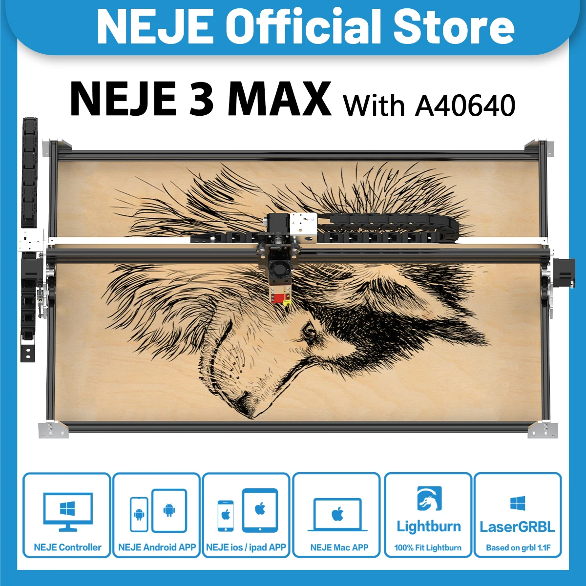 NEJE 3 Max-Graveur laser CNC professionnel, machine de gravure, découpeur, Lightburn, sans fil, contrôle d'application, 460x810mm