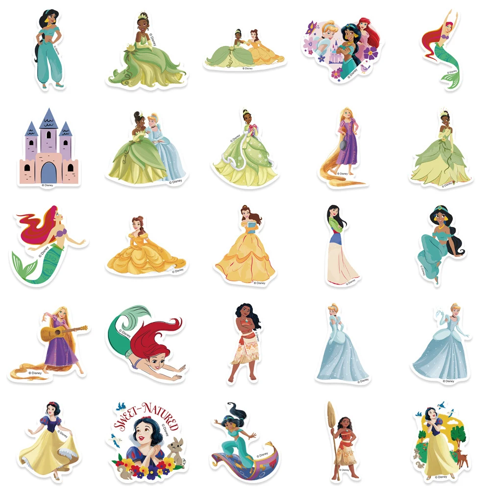 50pcs Disney Mix Cartoon Princess Graffiti Stickers Cute Snow White Aurora Decals for Skateboard Phone Helmet Anime Sticker Gift view 5