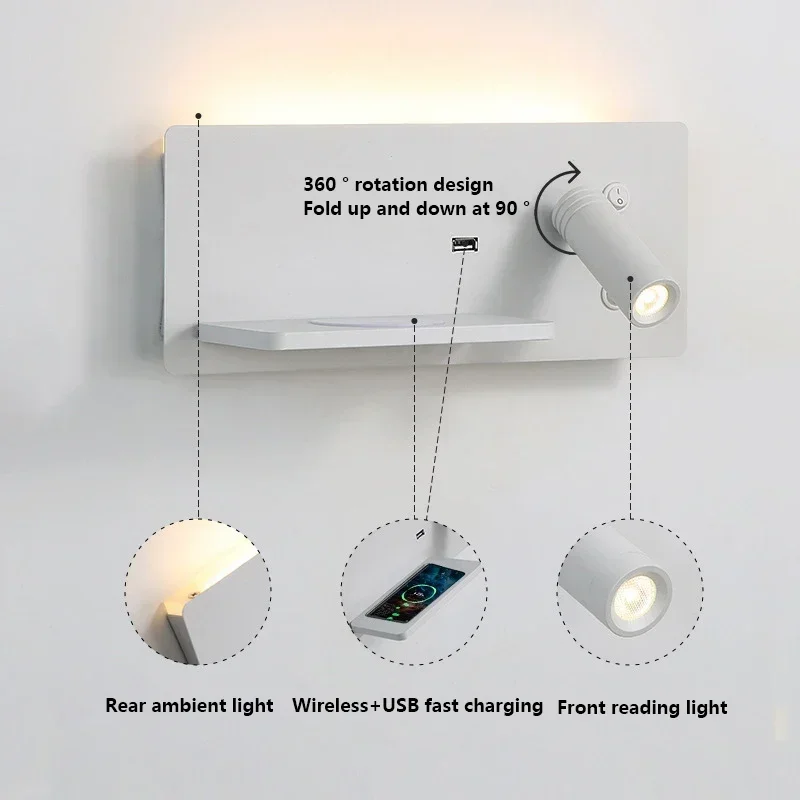 Applique murale rotative à LED avec chargement USB sans fil, lampe de lecture, chambre à coucher, téléphone, salon, chevet