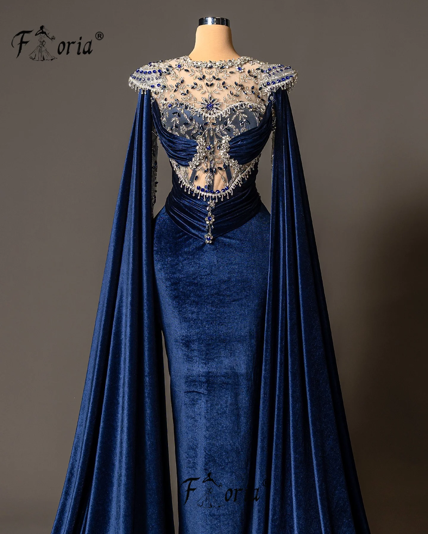 

Синее женское вечернее платье знаменитостей в Дубае с длинной накидкой и кристаллами, серебряное блестящее платье русалки для свадебного мероприятия, бусы, Vestidos de gala