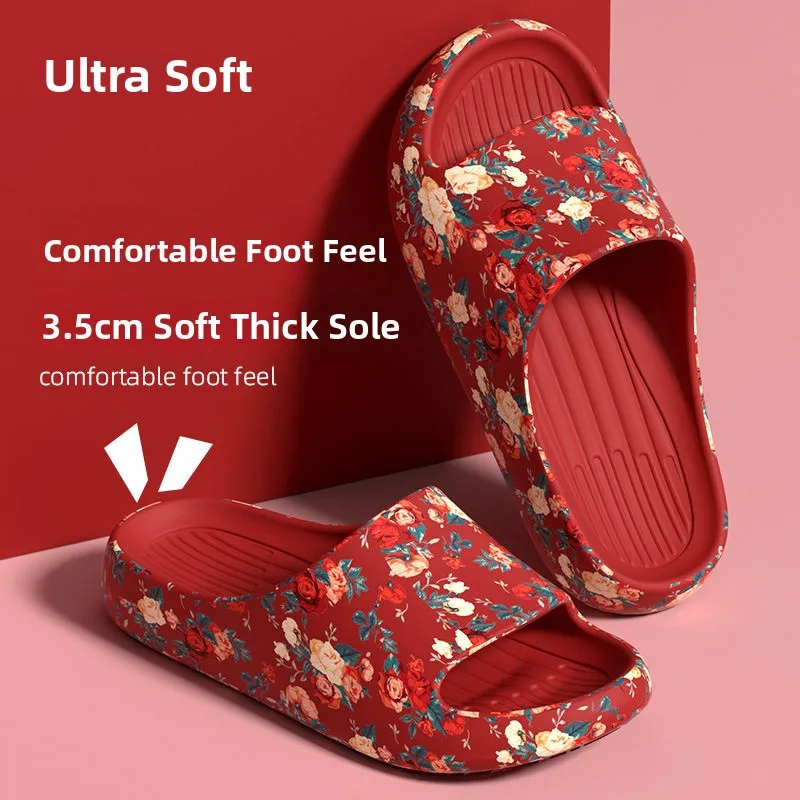 Red Home Slippers 2026  Year Lucky Year Large Flower Indoor Outdoor Wear Anti-Slip Comfortable Cotton Slippers for Men A...