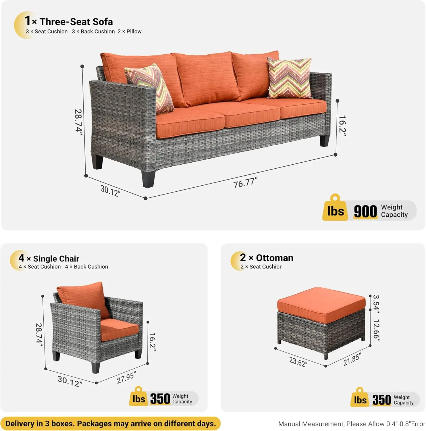 Patio Furniture Set,Outdoor Wicker Rattan Sofa Couch with Chair,Ottoman and Comfy Cushion,All Weather High Back Conversation Set