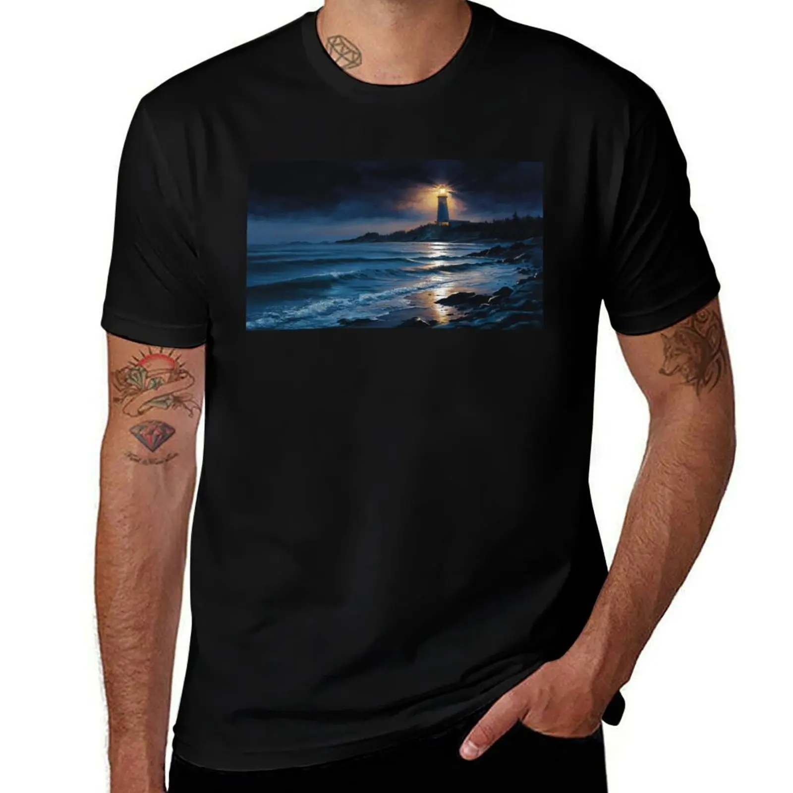 Beacon of Light Pierces the Coastal Darkness T-Shirt Soft Stretch Short Sleeve Top