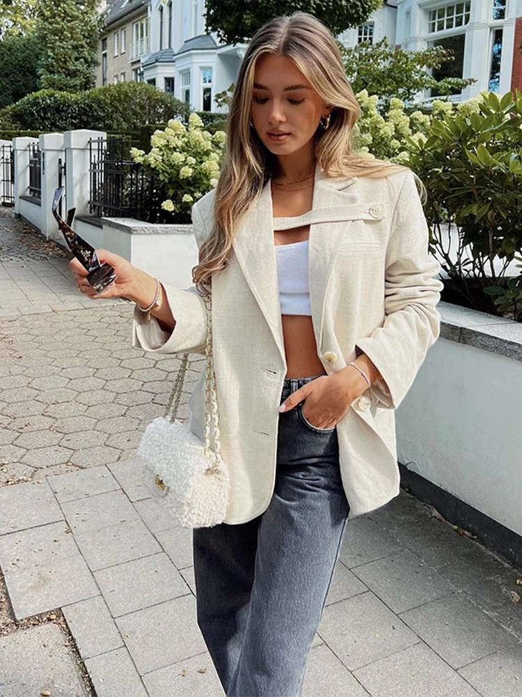 エレガントな女性のブレザージャケットシックなラペルシングルブレストポケットコート女性長袖コート夏の女性の通勤生き抜く