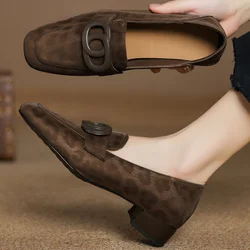 Women's leopard cow leather slip-on flats loafers square toe metal buckle slip-on female high quality soft comfortable moccasins