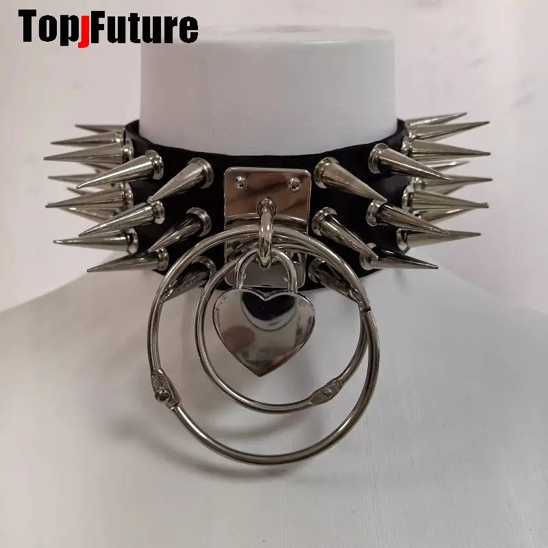 Women Men Spice Y2K Girl Harajuku Gothic Lolita Cosplay PU Punk Rivet Metal Necklace Streetwear Subculture Leather Choker