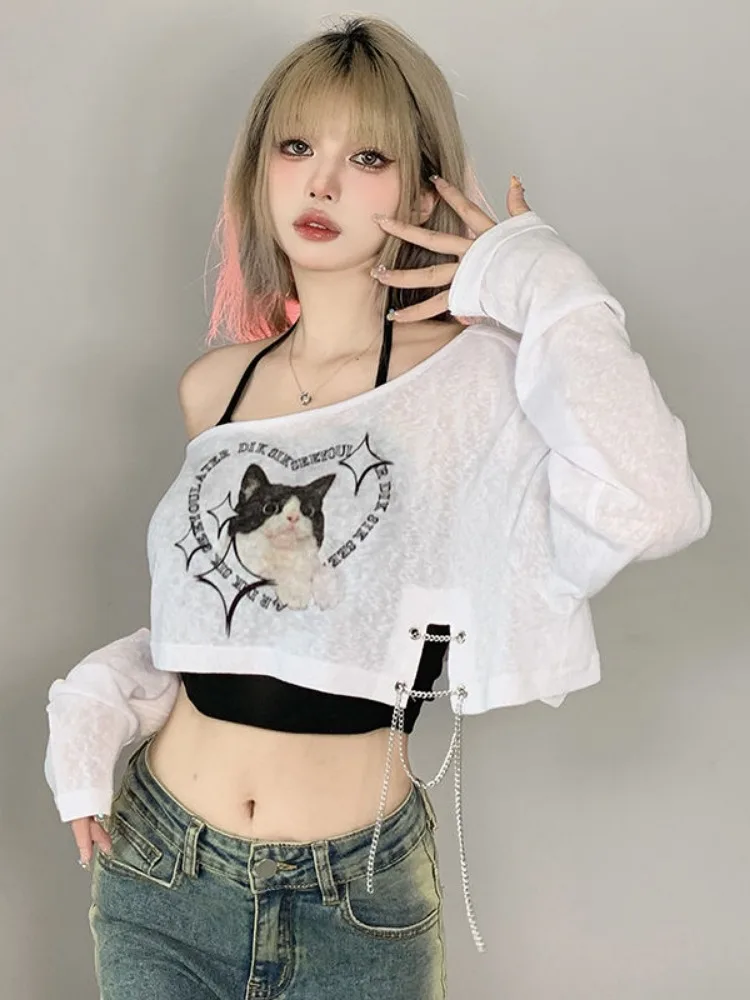 2024 Harajuku Casual Two Pieces Set Women Grunge Cat Printing Slash Neck Chain Crop T-shirt+Black Halter Y2k Aesthetic Tank Top