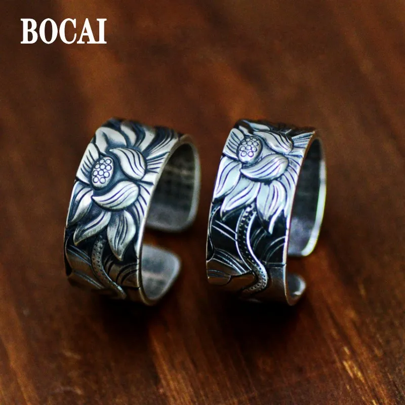 BOCAI-Anillo de plata S999 auténtica para hombre y mujer, joyería de corazón budista Retro, Sutra, Lotus Bodhi, nueva tendencia