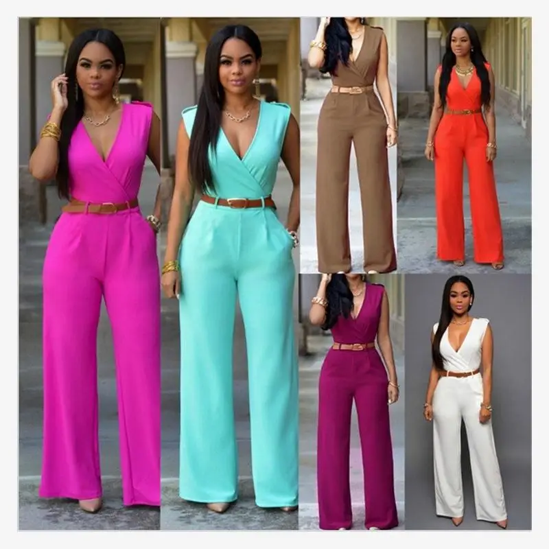 

Summer Wide Leg Pants Jumpsuit V-ne Women's Belt Included Casual Faionable One-Piece Suit Other Material 00%