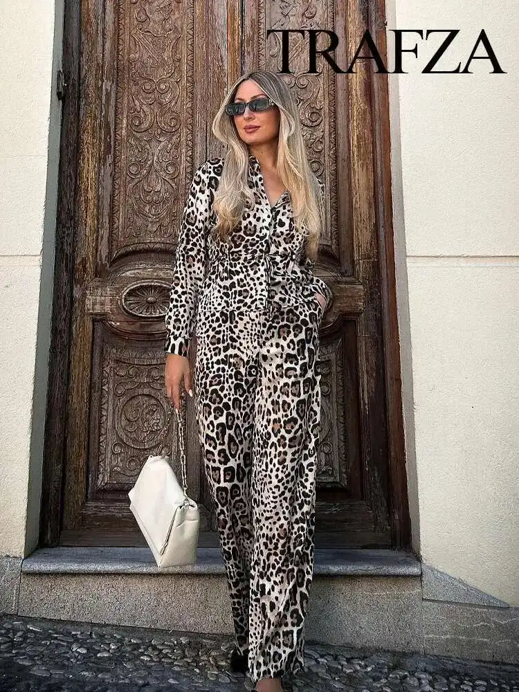 Neue 2025 Frühling Weibliche Mit Tasche Lange Ärmel Revers Hemd + Gerade Bein Hohe Taille Hosen Vintage Leopard Print 2-stück Anzug