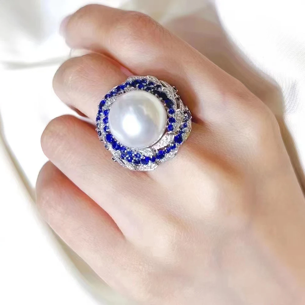 

Luxurious 12.5-13mm Big Natural White Semiround Pearl Fashion Flower Ring 925 Silver Fine Wedding Jewelry for Women