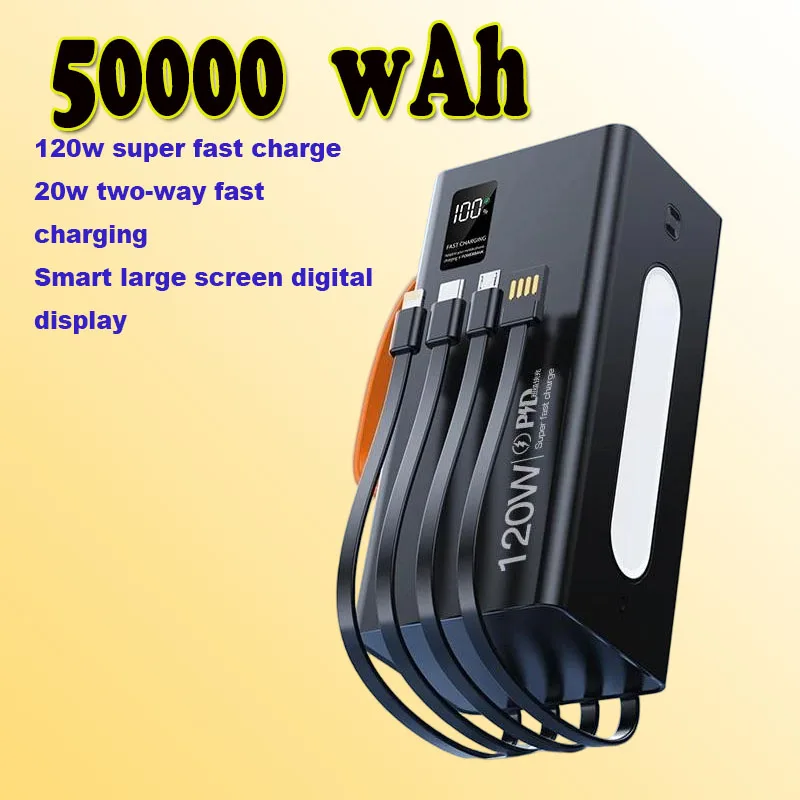 

Портативная сверхбыстрая зарядка 120 Вт, 50000 мАч, встроенная 4 кабеля, запасная батарея для IPhone, Xiaomi, Samsung, Huawei, портативное зарядное устройство