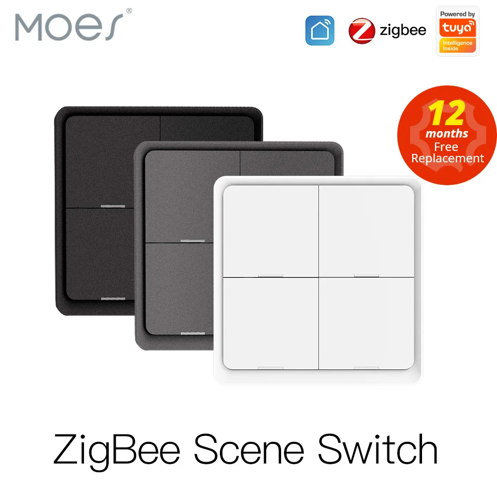 MOES 4 Gang Tuya ZigBee interrupteur sans fil 12 scènes contrôleur à bouton poussoir alimenté par batterie scénario d'automatisation pour les appareils Tuya