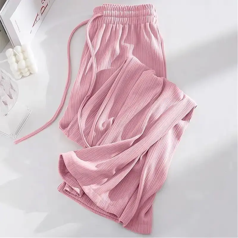 plus Size Ice Silk Wide Leg Pants High Waist Drapey Thin Summer Women's Fashion Commute Style Korean Brand Loose Fit Pockets