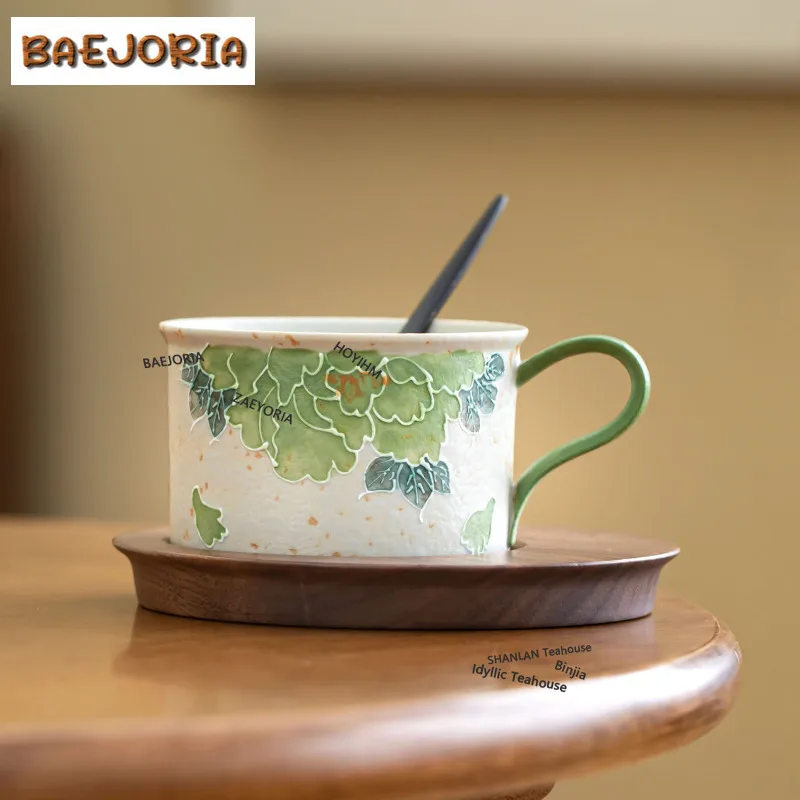 BAEJORIA 140ml Hand Painted Green Peony Coffee Mug With Plate Milk Cup Afternoon Tea Mug Household Cup Saucer Kit Teaset Gifts