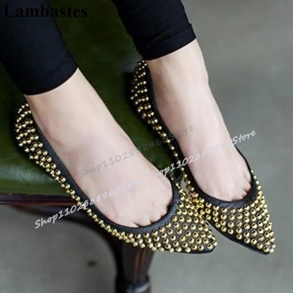 

Trending Black Leather Gold Rivets Pointy Pumps Flats Shoes For Women Slip On Pointed Toe Luxury Casual Banquet Women Pumps