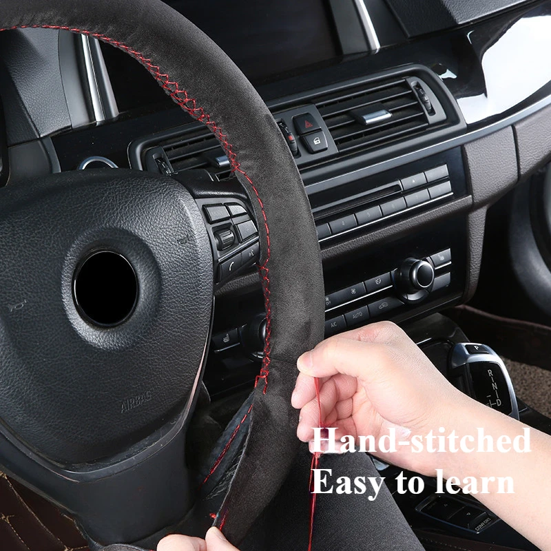 Suede Leather Braid Car Steering Wheel Cover - Universal 38cm DIY Hand-stitched Handle Cover,Car Accessories Steering Wheel Case