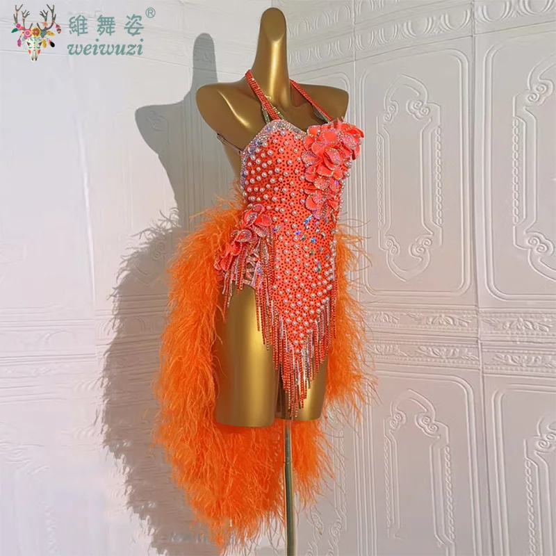 

LatinDance Competition Clothing Customization High-end Luxury Rhinestone Feather Dresses Tango ChaCha Samba Performance Costumes