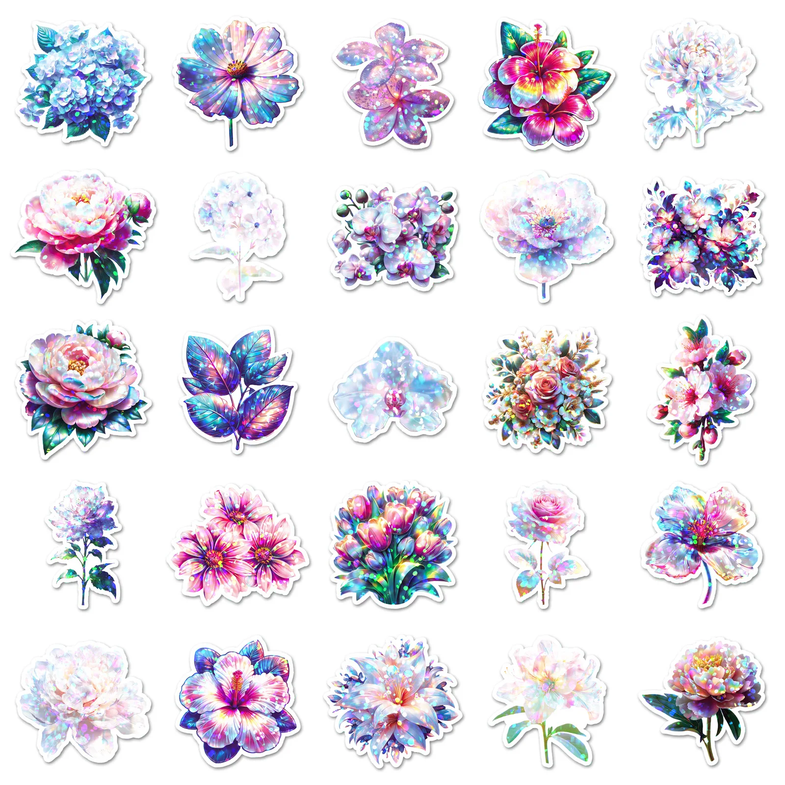 สติกเกอร์ลายดอกไม้หลากสี 10/30/50 ชิ้น ฟิล์มเลเซอร์ลายพืช สำหรับตกแต่ง DIY กันน้ำ ใช้ได้กับสเก็ตบอร์ด สมุดโน้ต ของเล่นลายกราฟฟิตี้