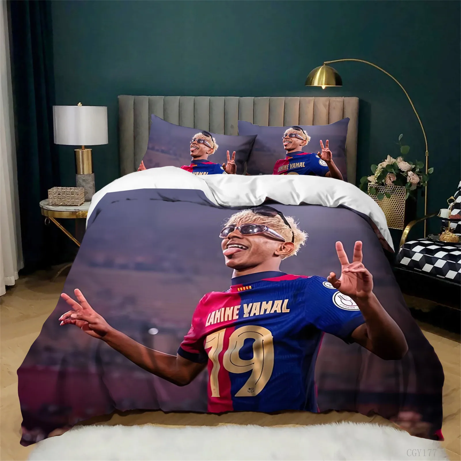 Juego de Funda de Edredón con Diseño de Estrella de Fútbol, Juego de Edredón Lami-ne, Juego de Edredón Yam-al Suave y Transpirable para Todas las Temporadas, Juego de 3 Piezas