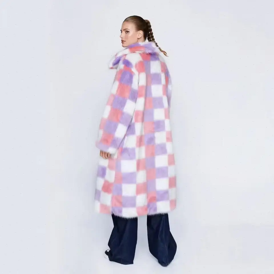 Thick Warm Faux Fur Women Patchwork Autumn Winter Fur Coat Outerwear Cardigan Long Sleeve Coats Plaid High Street