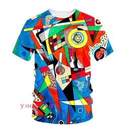 Homens e mulheres em torno do pescoço camiseta de manga curta, pintura a óleo abstrata clássica, impressão Harajuku 3D, literatura, roupas da moda, top