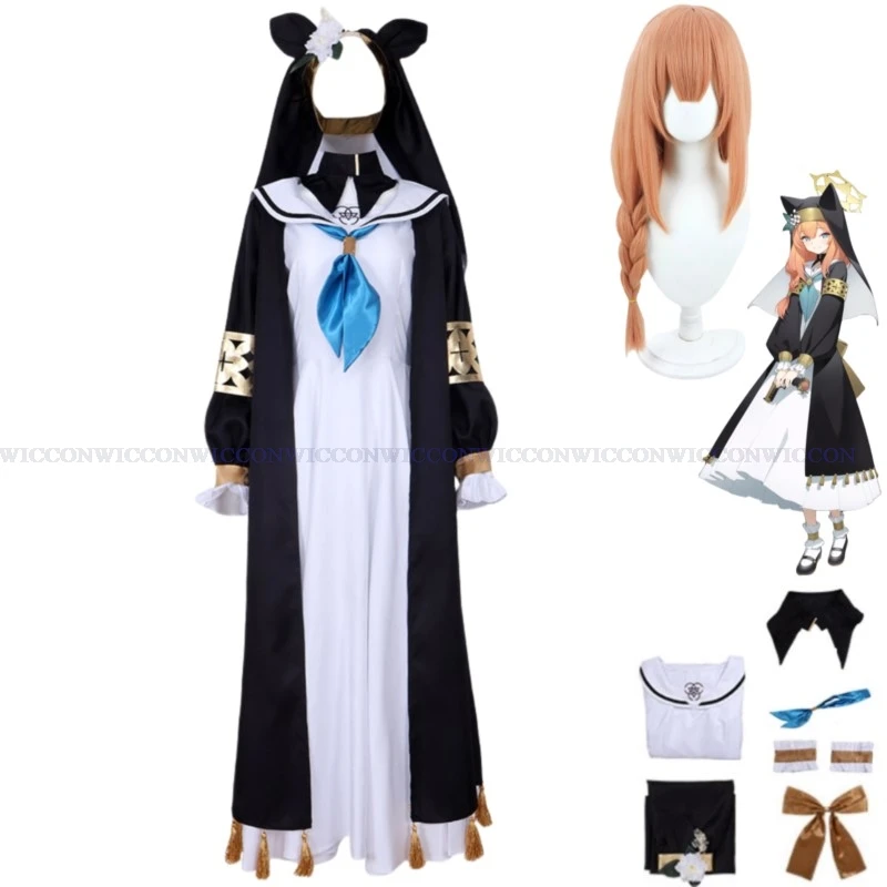 Anime Game Blue Archive Iochi Marī Cosplay Costume Wig Nun Uniform Dress Black Cloak Coat Adult Woman Halloween Carnival Suit