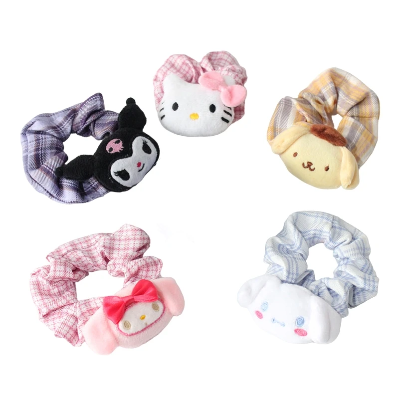 Kawaii Sanrio Checkered Scrunchie Cartoon Cinnamoroll Kuromi Hello Kitty Hair Rope JK Headwear For Girls Headband Accessories