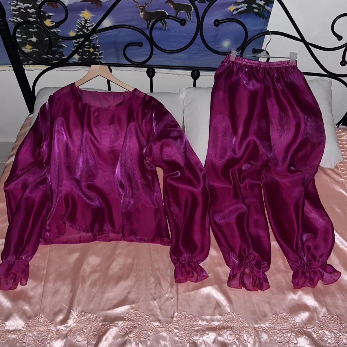 Glossy liquid water gauze organza pajamas two-piece set Women long sleeve loose sleeping plus size top pants