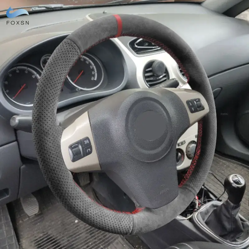 Car Steering Wheel Suede Leather Cover For Chevrolet Niva 2009-2017 (3-Spoke) Vauxhall Corsa D Opel Corsa D with Red Strip Lines