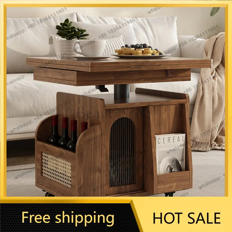 YJ Solid Wood Lifting Folding Tea Table Movable Cart Multifunctional 2‑in‑1 Coffee Dining Table For Small Living Room