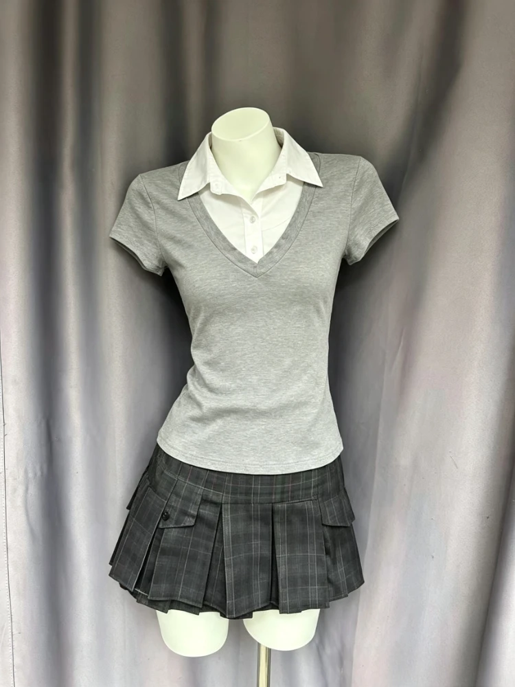 Y2K Daily Summer Hot Girl 2Pcs Suit Women Retro Plaid Short Sleeve Blouse High Waist Pleated Skirt Harajuku Streetwear 2026