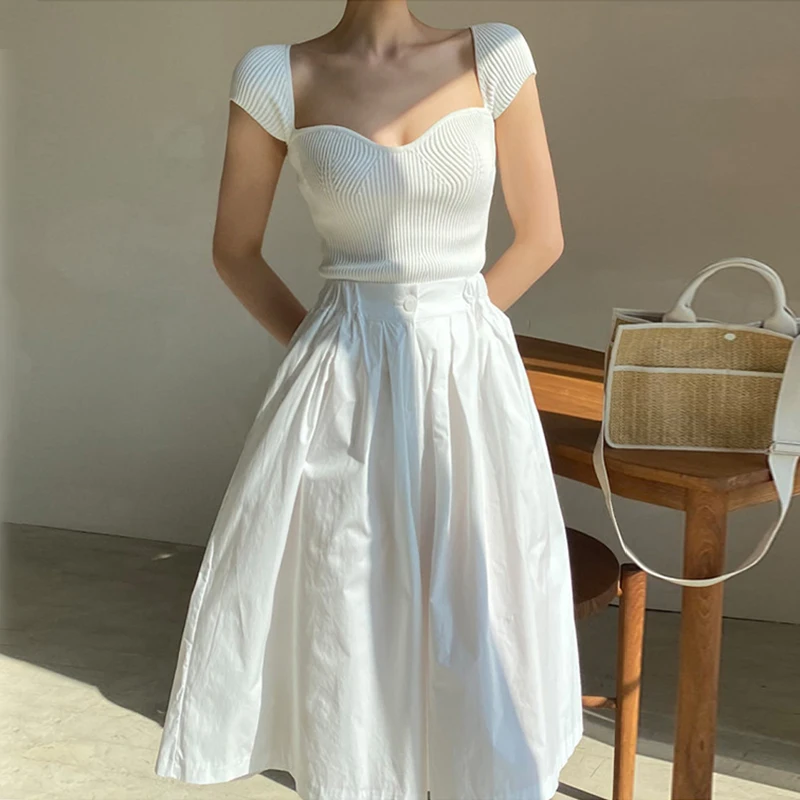 

Solid White Women Skirt Set Female 2022 Summer Elegant 2 Piece Sets Korea Square Collar Short Sleeve Knit Top + High Waist Skirt