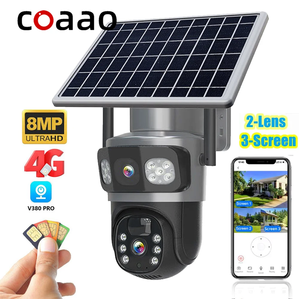 

New V380 2-Lens 3-Screen Solar Camera Outdoor 4G Sim Card Wireless 4K Wifi Solar Outdoor Waterproof 360 IP Camera PTZ 4K Monitor