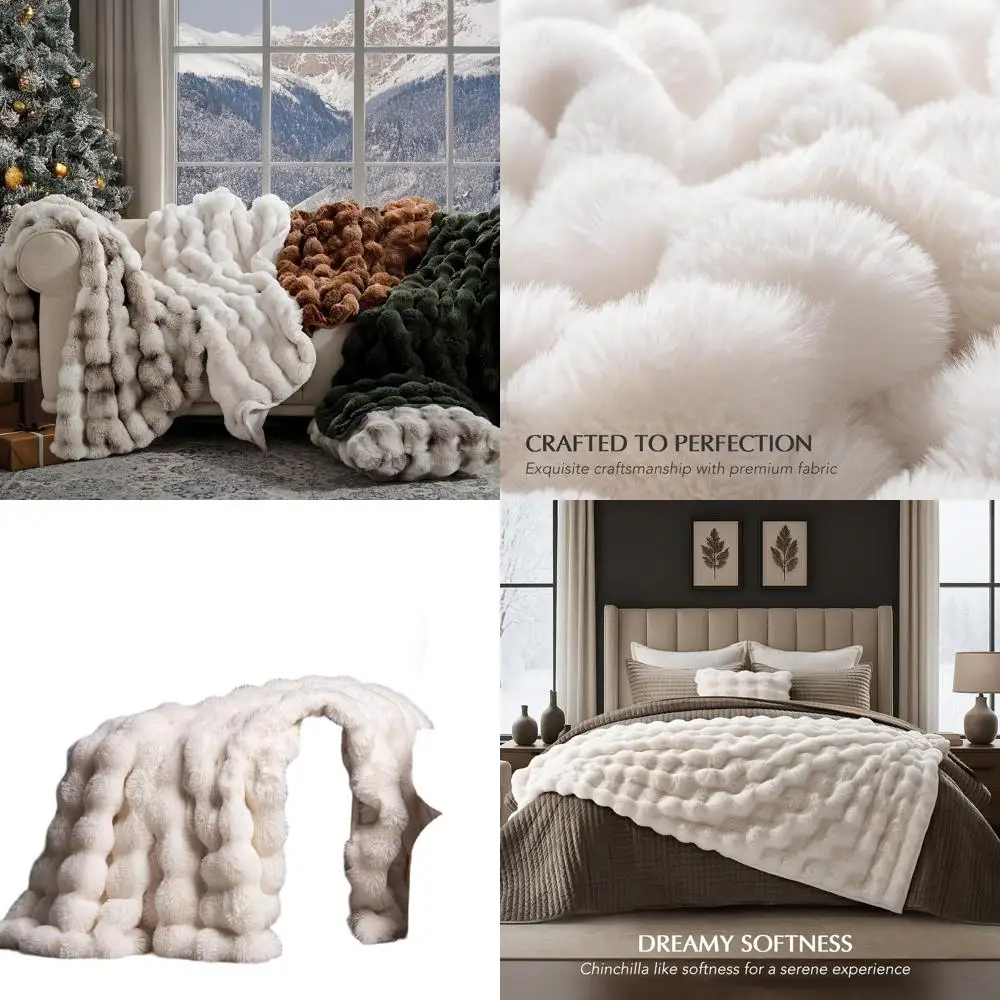 

Luxurious Plush Rabbit Fur-Like Throw Blanket, Cozy Reversible Cover for Bed or Sofa, Ivory, 60x80
