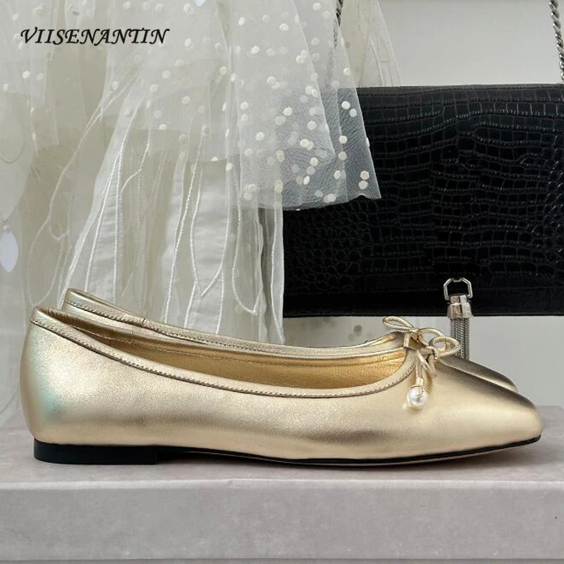 

Ballet Flats Gold White Sheepskin Leather Women Comfortable Slip on Round Toe Shallow Mouth Pearl Bowtie Cute Comfy Ballerinas