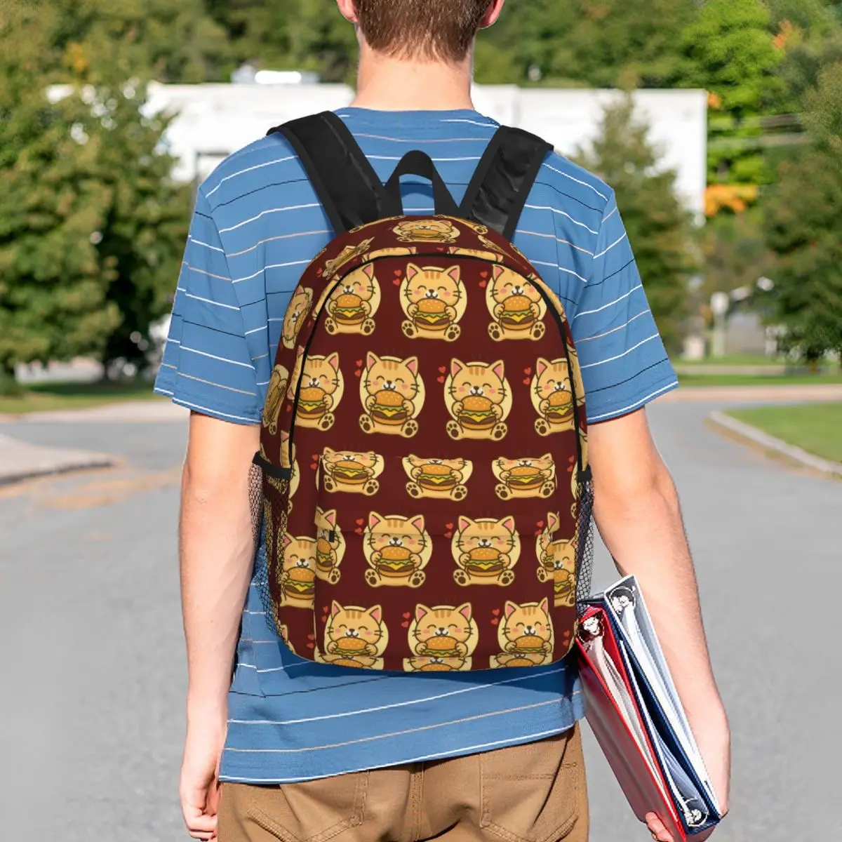 A Cat Eating A Hamburger Backpack Student BookBag Children School Bag Computer Shoulder Bags for Men Women