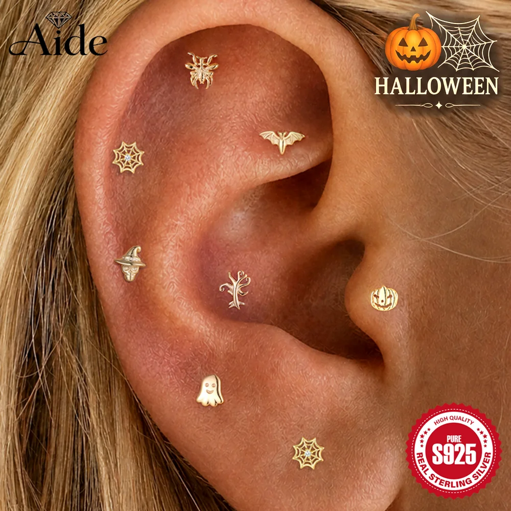 AIDE 925 Sterling Silver Evil Pumpkin/Witch Hat Skull Tree Earring Cartilage Helix Stud Spider Web Conch Earring Halloween Gifts