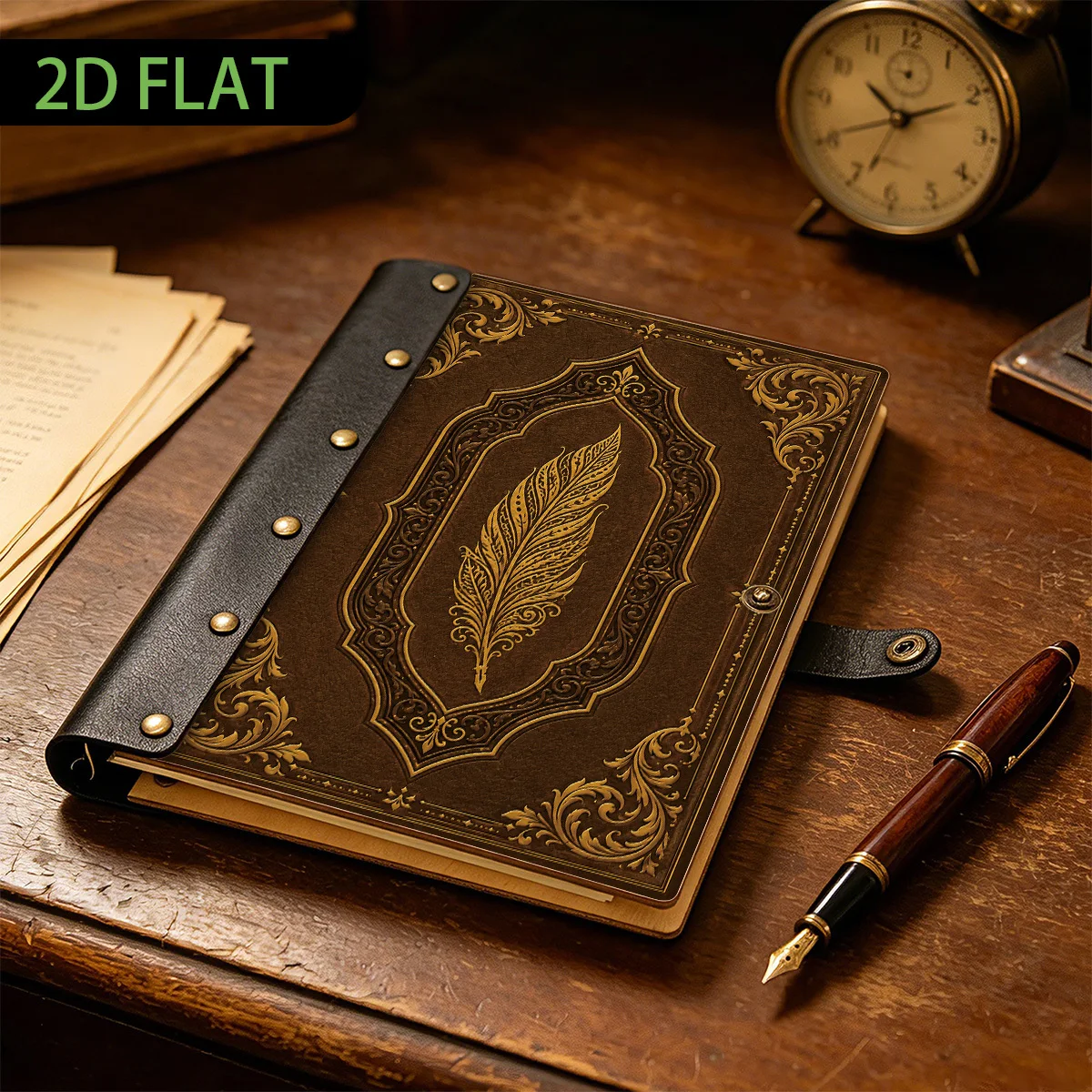 1PC Vintage Feather Engraved Leather 2D Flat Notebook, Retro Rivet Bound Journal, Hardcover Wooden Cover Notebook