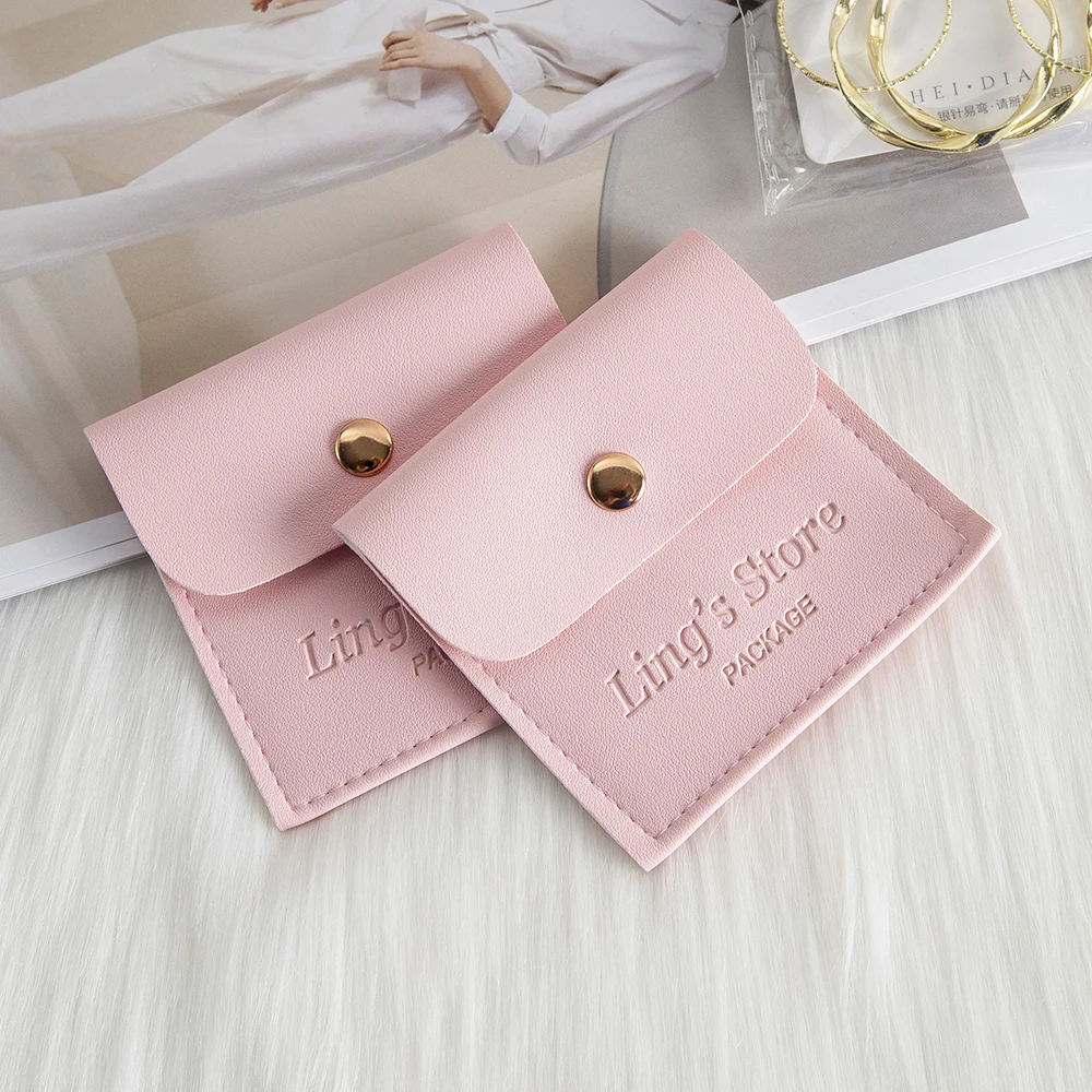 Custom Logo 8x8cm PU Leather Jewelry Snap Bag Envelope Gold Button Pouch for Ring Earring Necklace Wedding Favors Gift Organizer