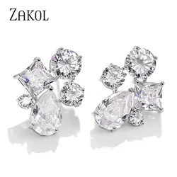 ZAKOL Brand Trendy Geometric Zirconia Crystal Stud Earrings For Women Fashion Cz Wedding Statement Jewelry FSEP2419