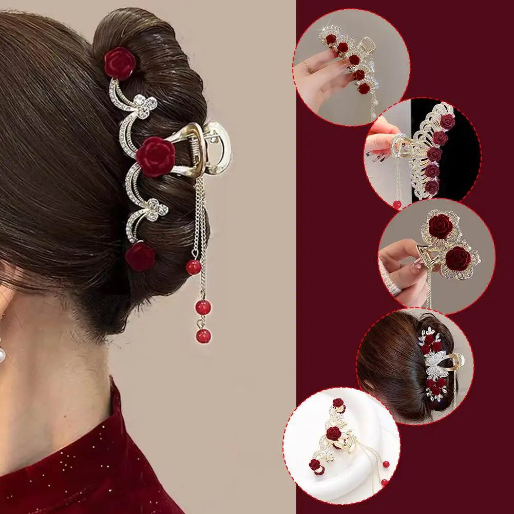 

Vintage Female Elegant Red Flocked Rose Tassel Grab Claw Clip Clip Clip Girls Hair Hair Delicate Accessories Crab Ponytail P6a1