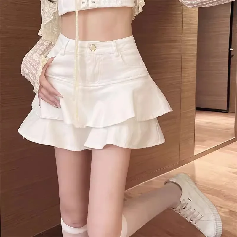 white cotton denim short skirts double-layer ruffles tiered skirt young women summer sexy slim a-line mini skirt sweet 2000s Y2K
