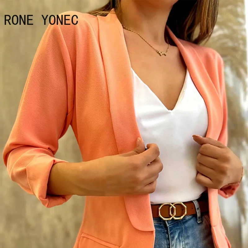 Women Solid Open Stitch Long Sleeves Fake Pocket Working Blazer Jackets