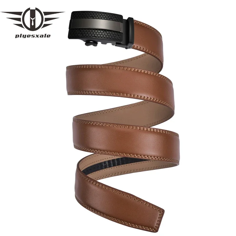 

Plyesxale Luxury Men's Genuine Leather Ratchet Dress Belt With Automatic Buckle Fashion Simple Brown Business Mens Belts G86